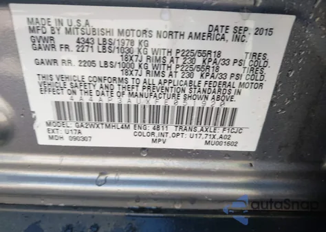 2015 Mitsubishi Outlander Sport Es z USA, uszkodzony, nr VIN 4A4AP3AUXFE051920